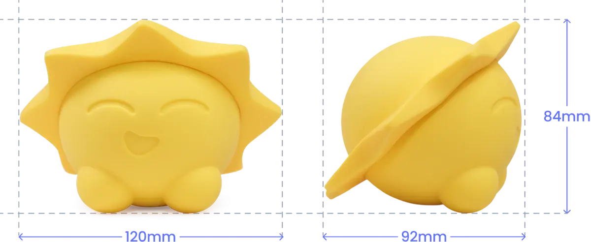 Sunny device — 120×92×84 mm size, 240 g weight, BPA-free silicone body, ergonomic design for small hands.